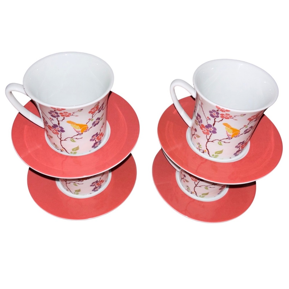 World Market Floral Bird Coffee Cup Saucer Set of 4 Coral Pink Tea Mugs